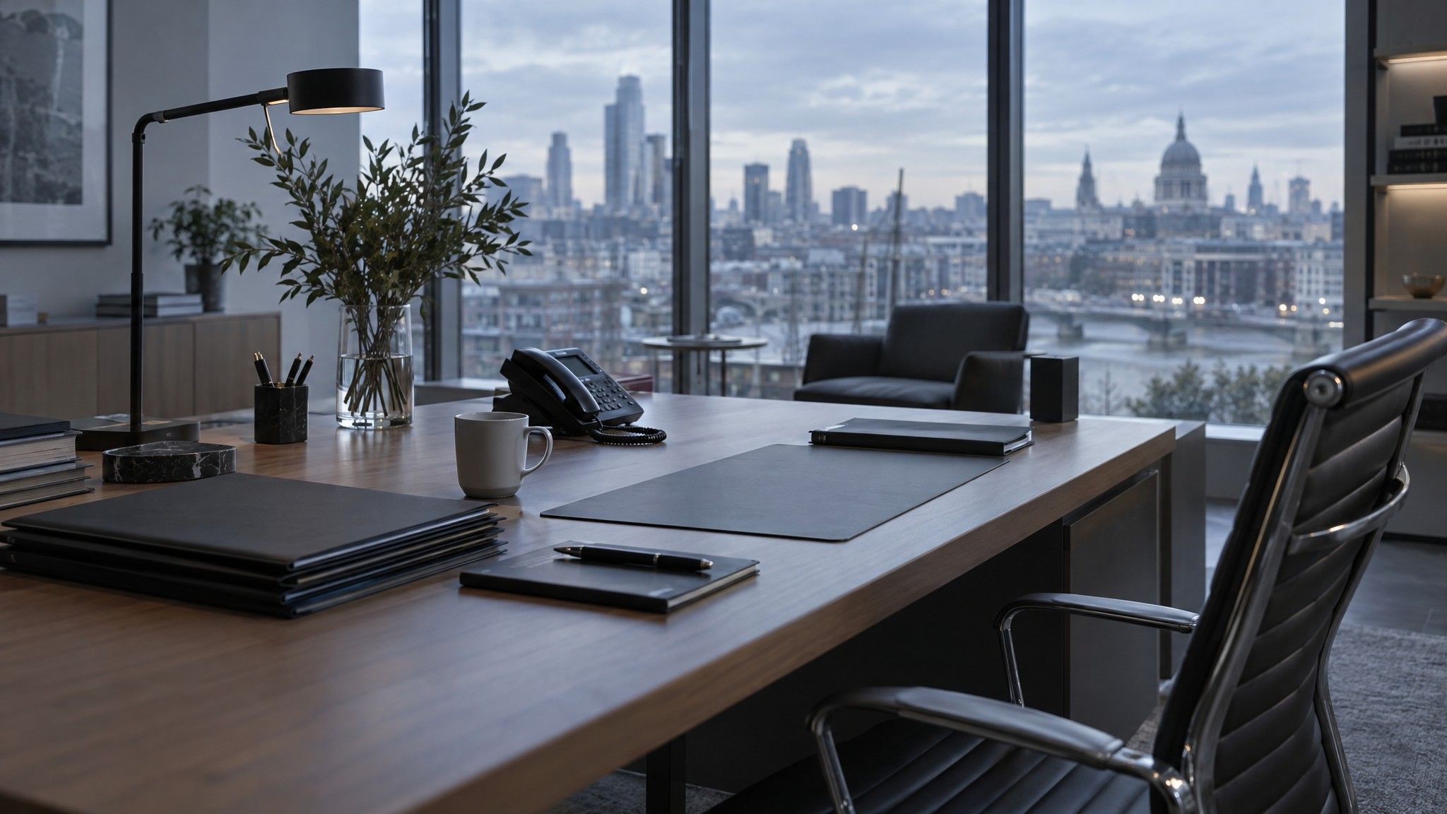 Agency desk at dawn with squared folders, desk phone and coffee