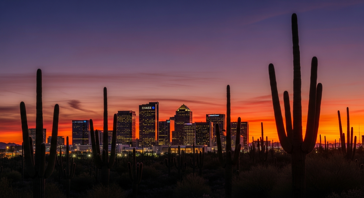 Phoenix Arizona skyline at dusk with saguaro cacti and desert sunset