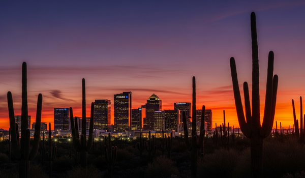 Phoenix Arizona skyline at dusk with saguaro cacti and desert sunset