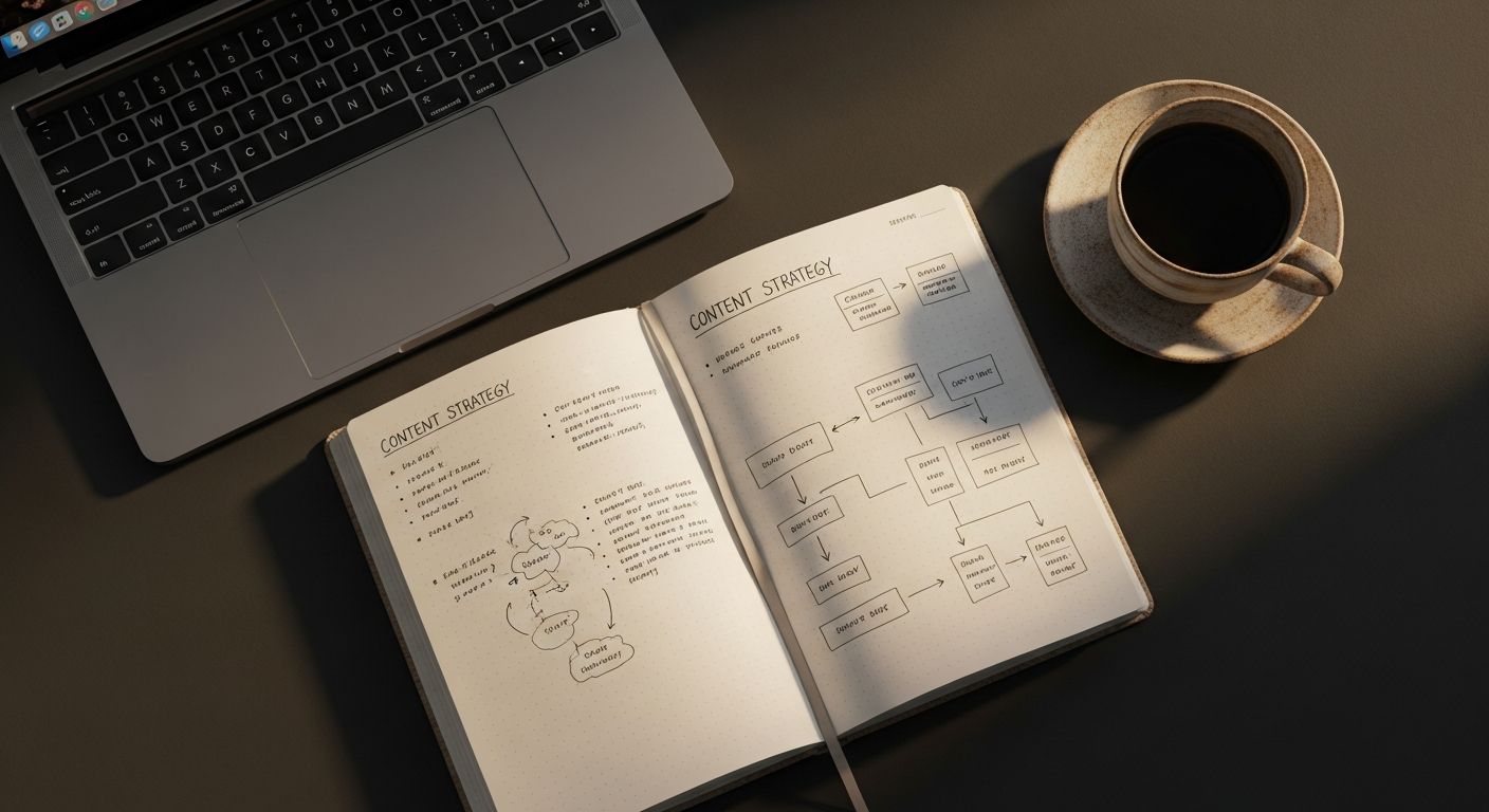 Editorial flat-lay of content strategy journal and laptop on dark surface