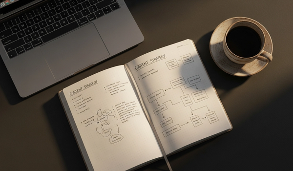 Editorial flat-lay of content strategy journal and laptop on dark surface