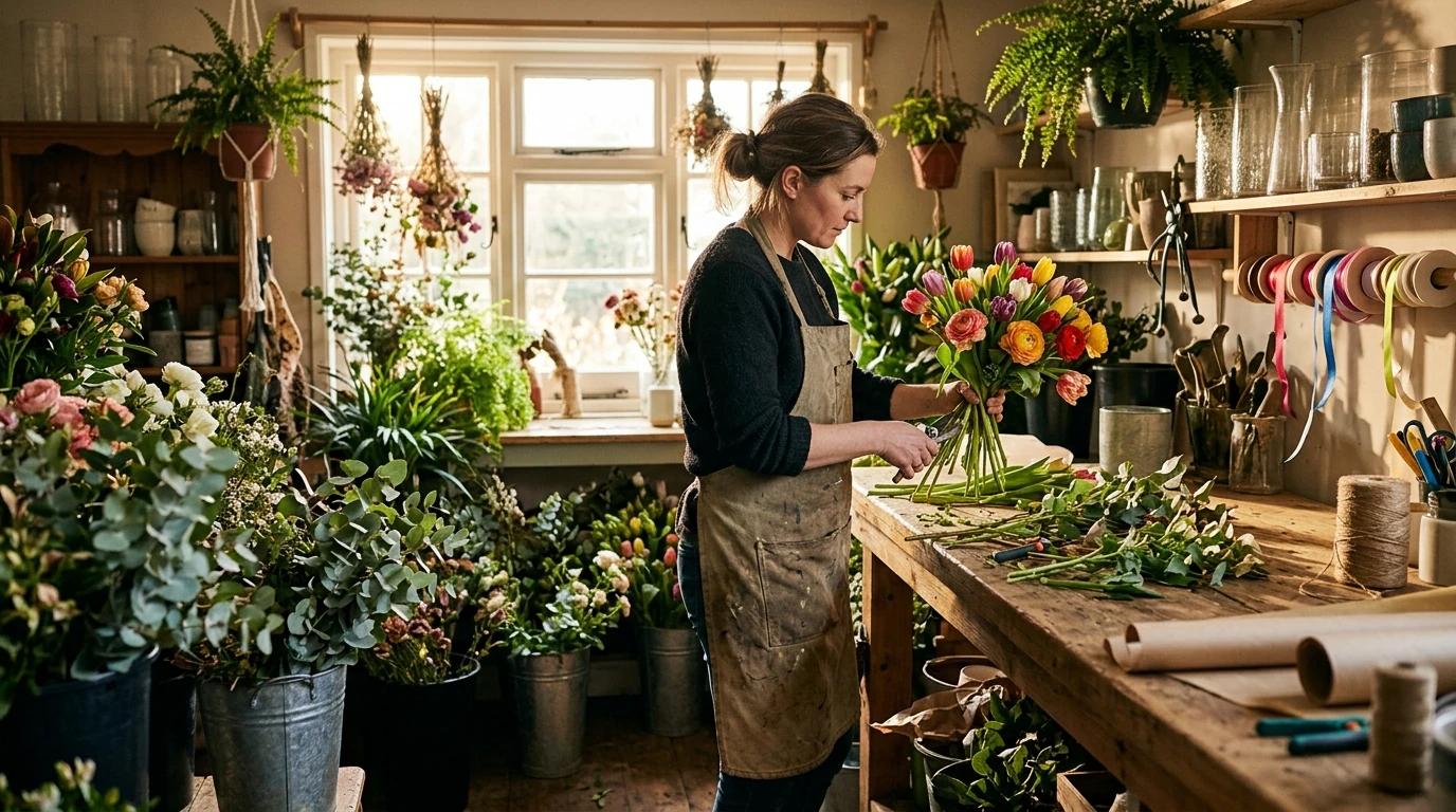 gemini-nano-banana-2.1 output: A photorealistic shot of a female florist wearing an apron as she arranges a colorful bouquet of tulips and ranunculus at a wooden workbench. The shop interior features buckets of greenery and flowers in the foreground, shelves with ribbon spools and vases, and a large window in the background letting in morning light.