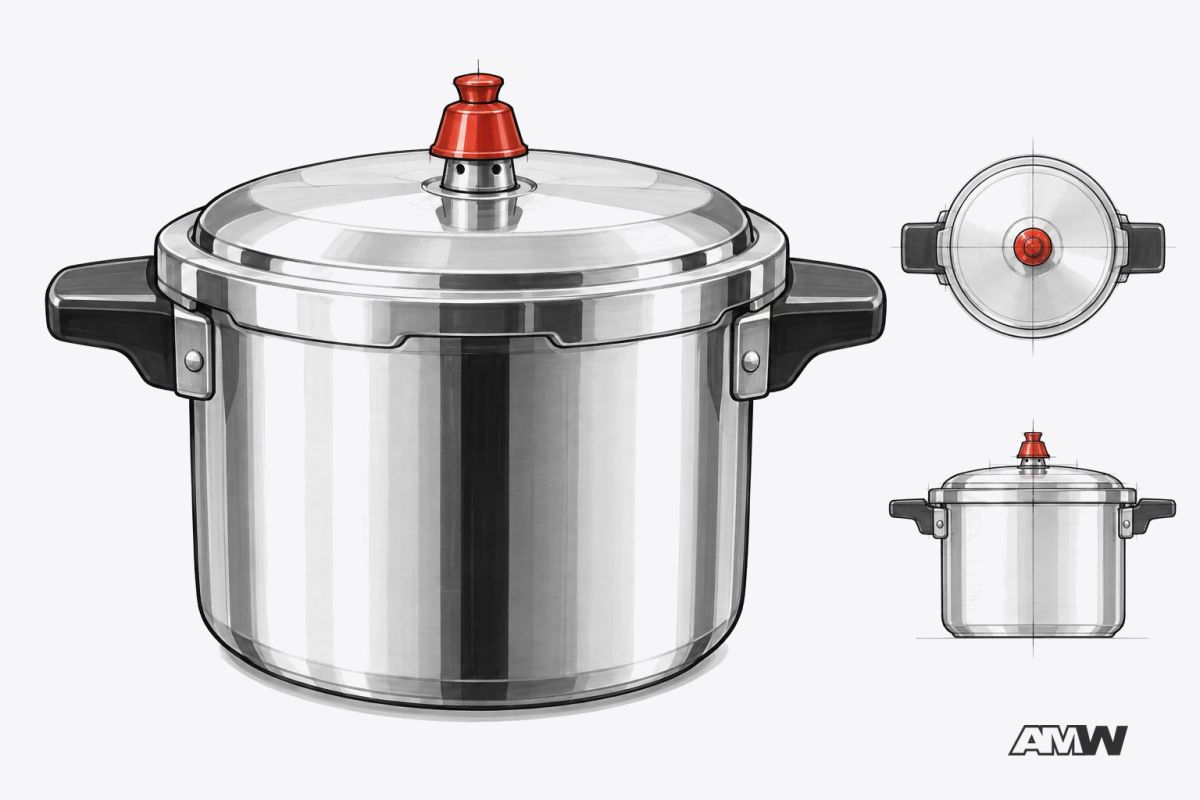 Product sketch of a 1950s stovetop pressure cooker with a weighted vent on the lid