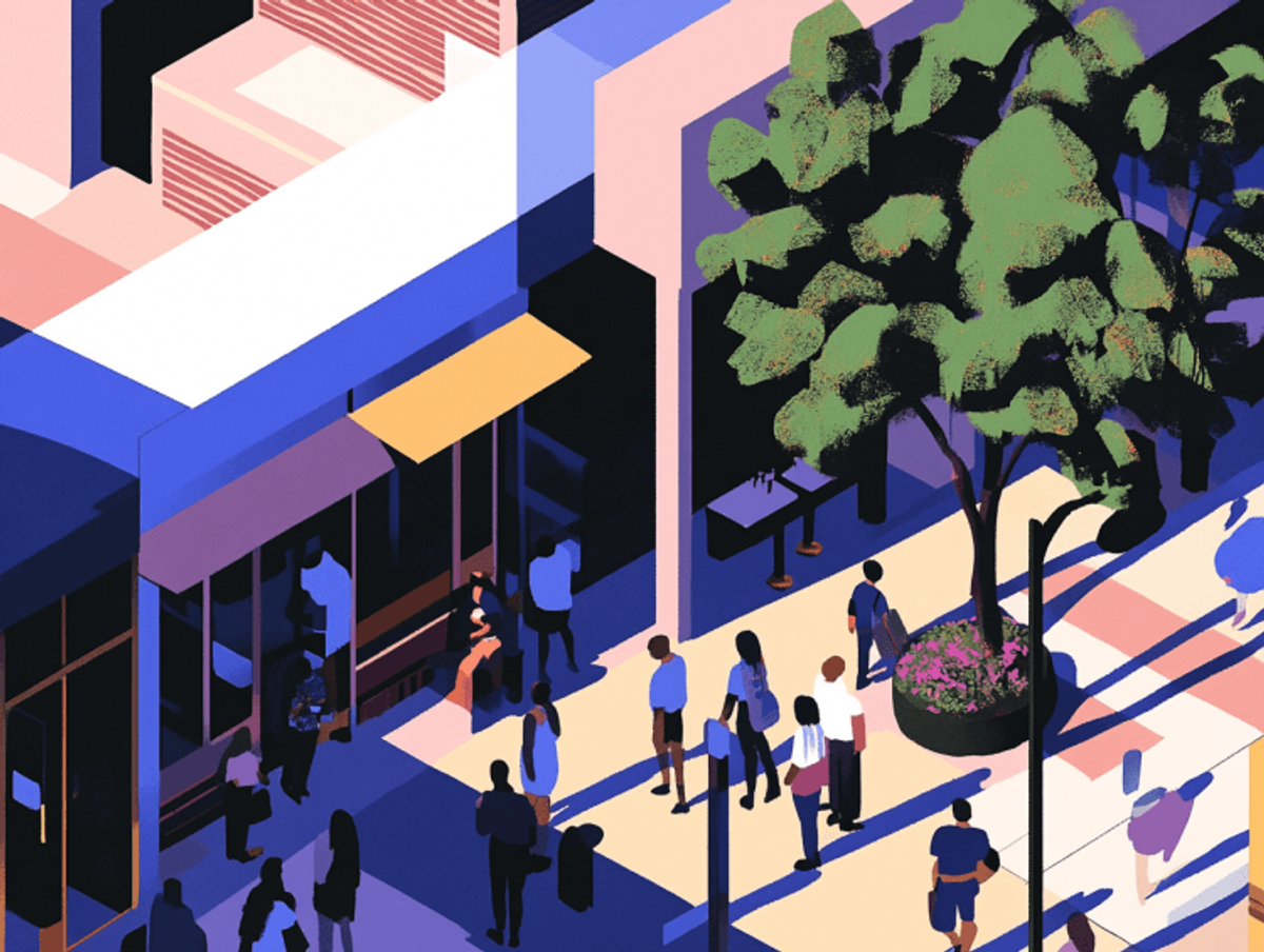 Crowded city street with trees and buildings.