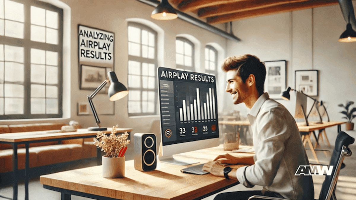 Man analyzing Airplay results on computer.