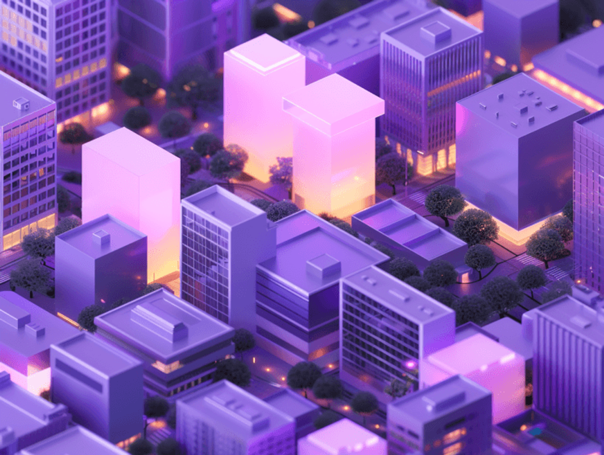 Futuristic cityscape with glowing purple buildings, trees
