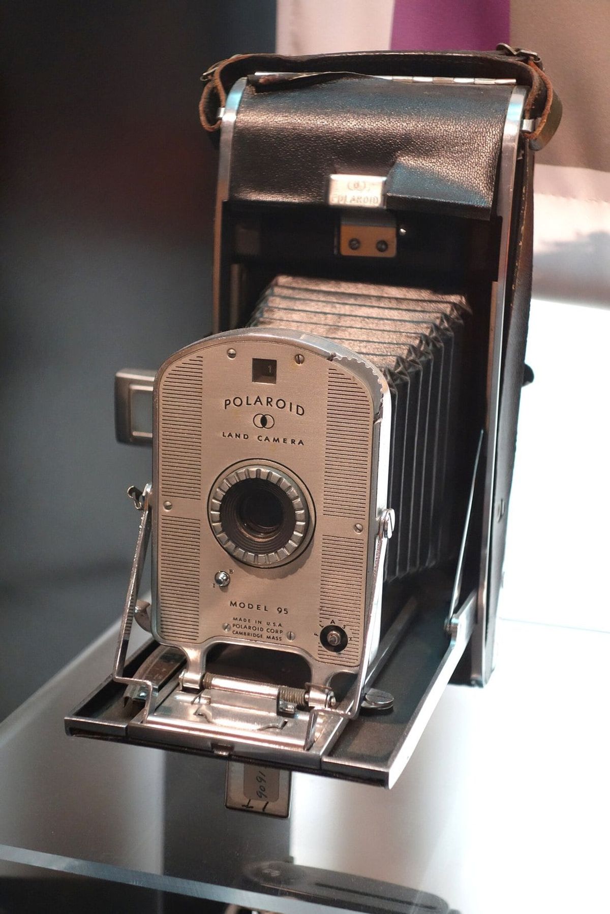Vintage Polaroid Land Camera Model 95 with extended bellows on display