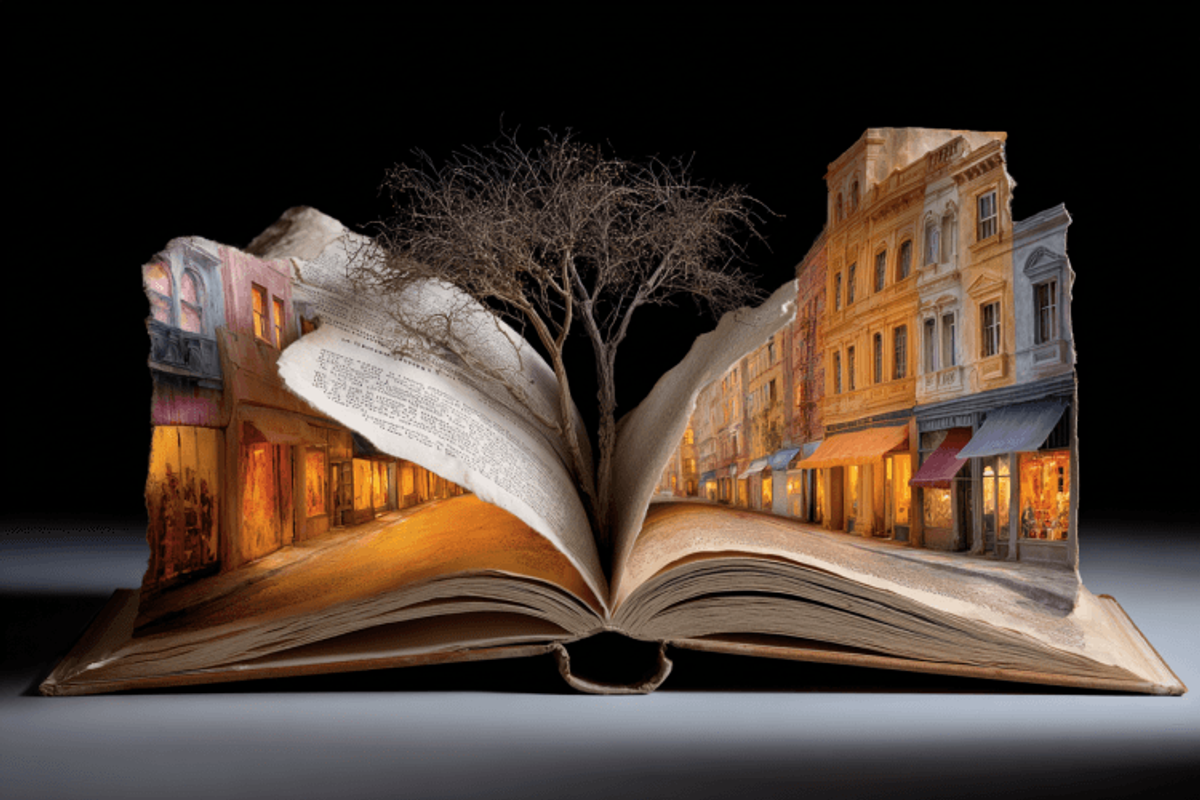 Open book with tree and street scene inside