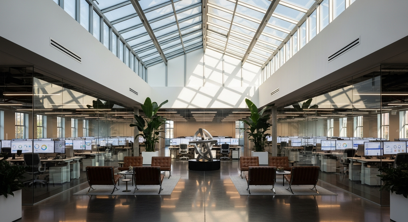 Modern SaaS company headquarters with clean technology aesthetic