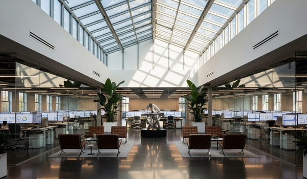Modern SaaS company headquarters with clean technology aesthetic