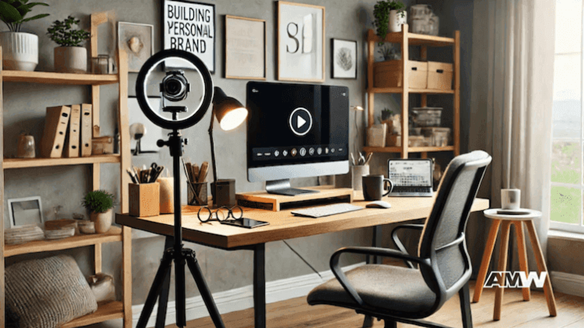 Modern home office with video recording setup.