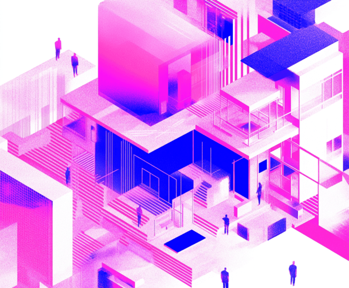 Abstract neon cityscape illustration with geometric buildings.