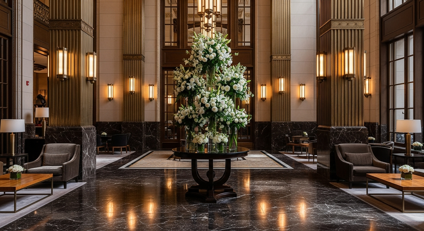 Luxury hotel lobby with dark marble floors and brass fixtures — best hospitality marketing agencies