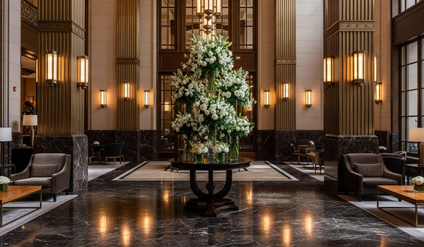 Luxury hotel lobby with dark marble floors and brass fixtures — best hospitality marketing agencies