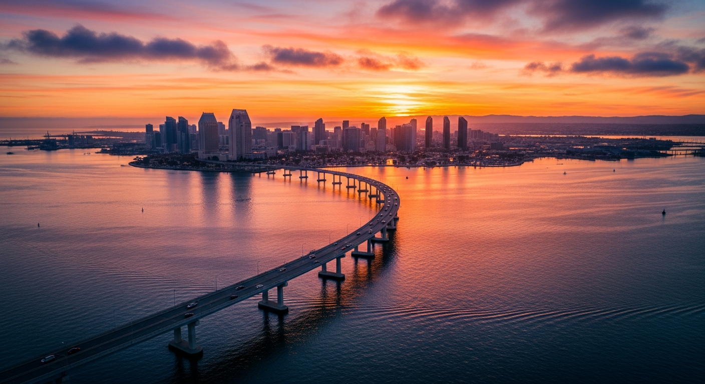 San Diego Coronado Bridge and bay at golden hour with downtown skyline