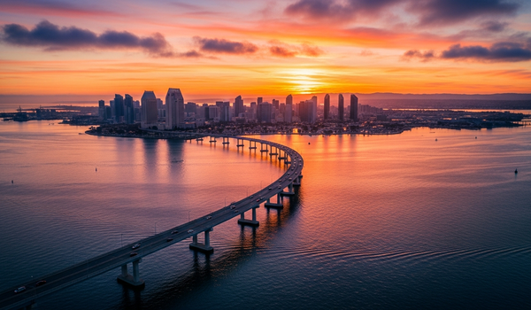 San Diego Coronado Bridge and bay at golden hour with downtown skyline
