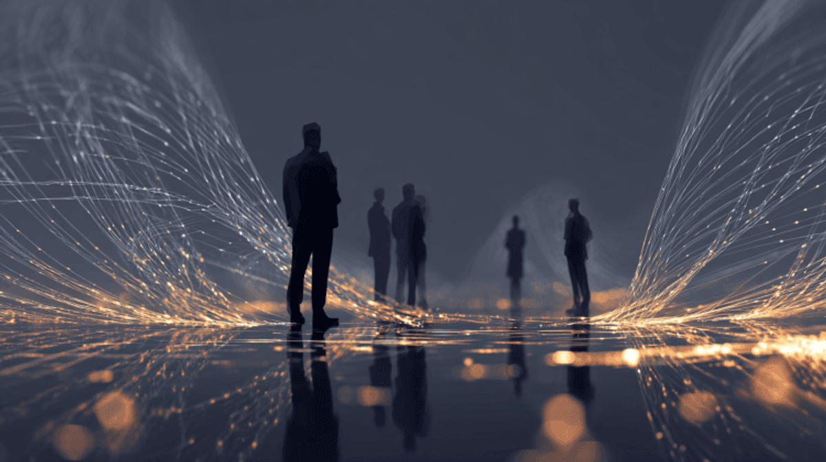 Silhouettes among glowing abstract lines.