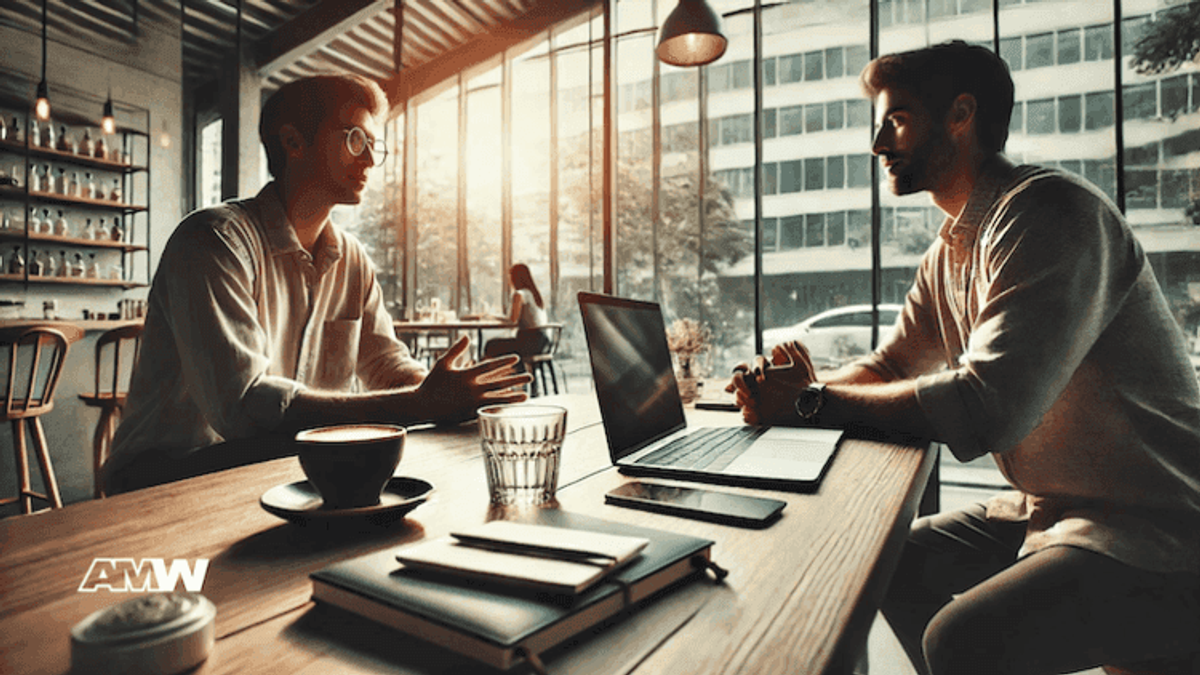 Two men talking at a coffee shop.