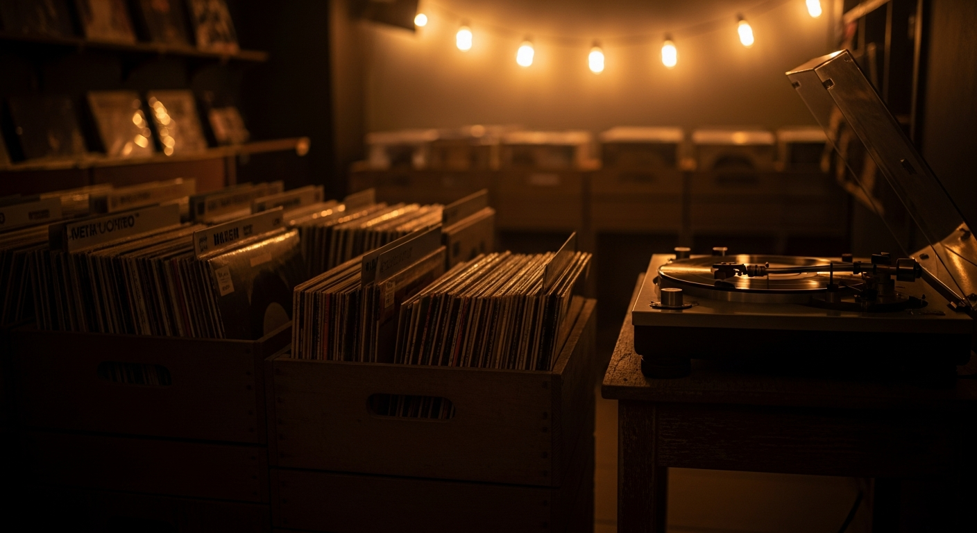 Indie music promotion with vintage instruments and vinyl records