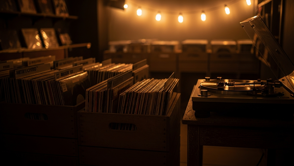 Indie music promotion with vintage instruments and vinyl records