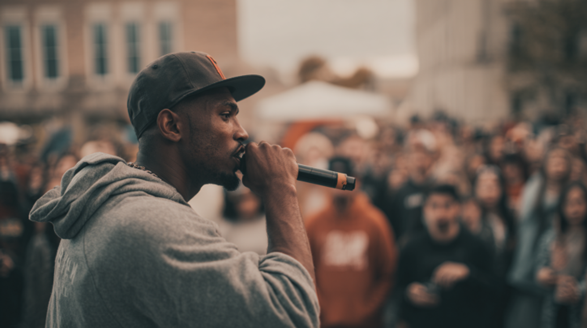 Man performing with microphone at outdoor event.