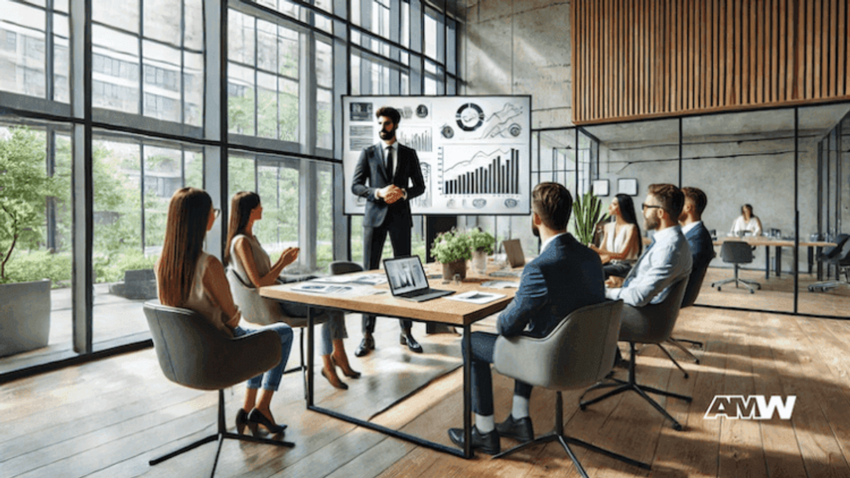 Business meeting with financial presentation in modern office.