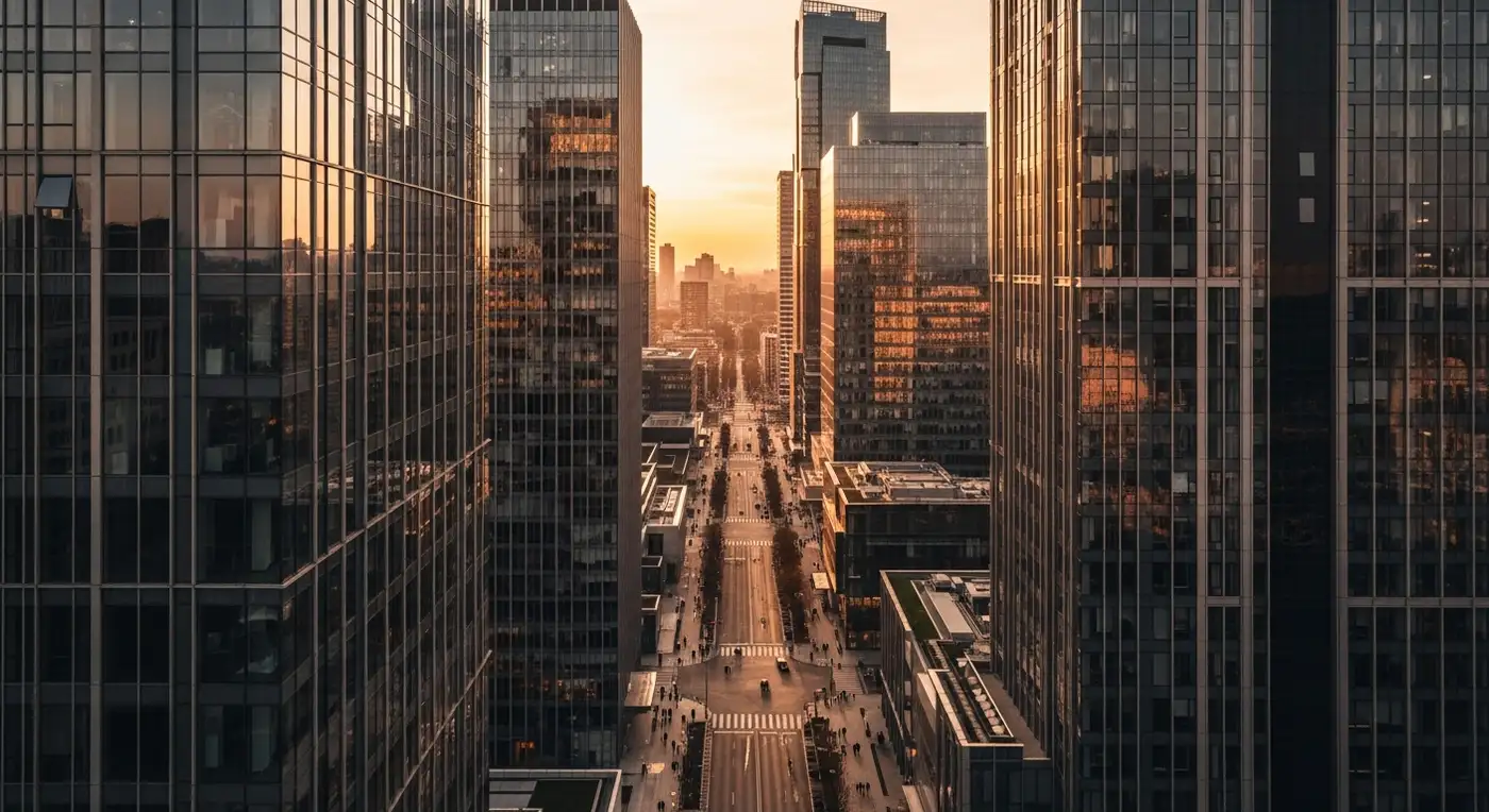 Modern business district skyline at golden hour