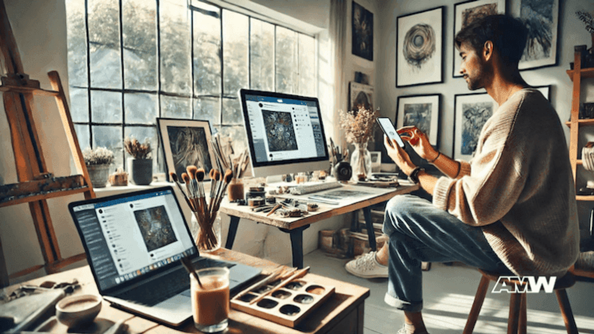 Artist working in studio with multiple screens
