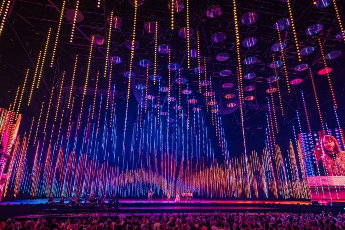 Concert stage with colorful hanging lights