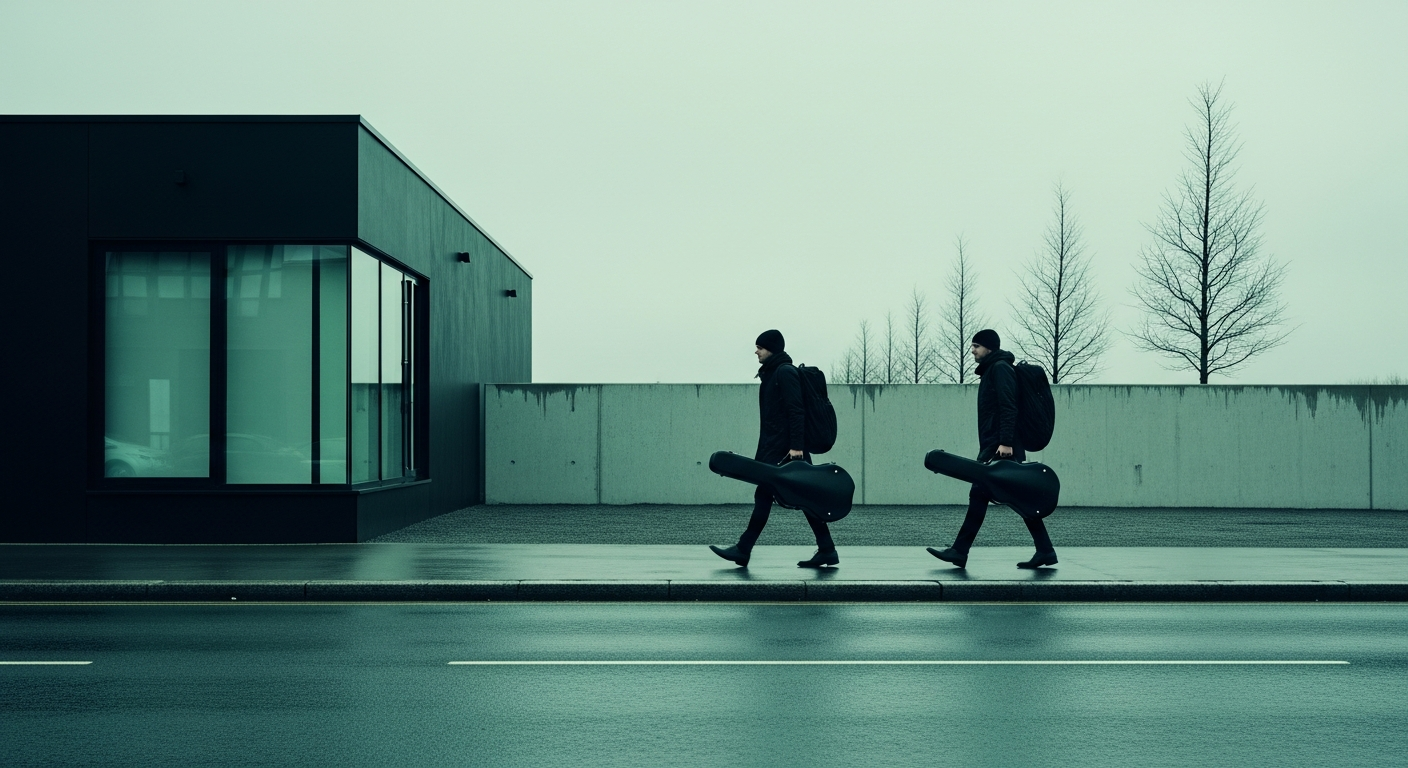 Two musicians carrying instrument cases along a street in overcast daylight