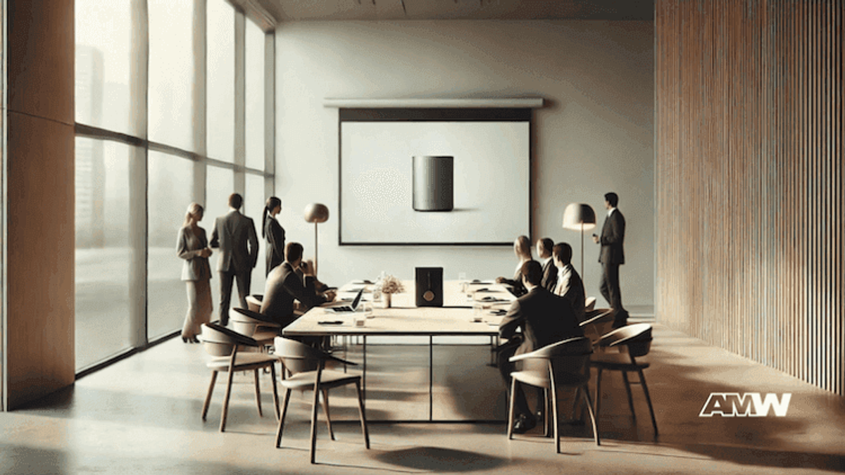 Business meeting in modern conference room.