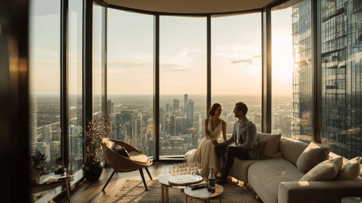 Couple in luxury apartment with city skyline view