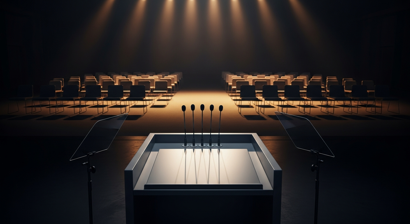 Press conference podium with microphones viewed from speaker perspective — understanding the difference between communications and PR agencies