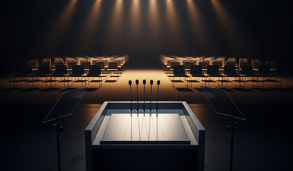 Press conference podium with microphones viewed from speaker perspective — understanding the difference between communications and PR agencies