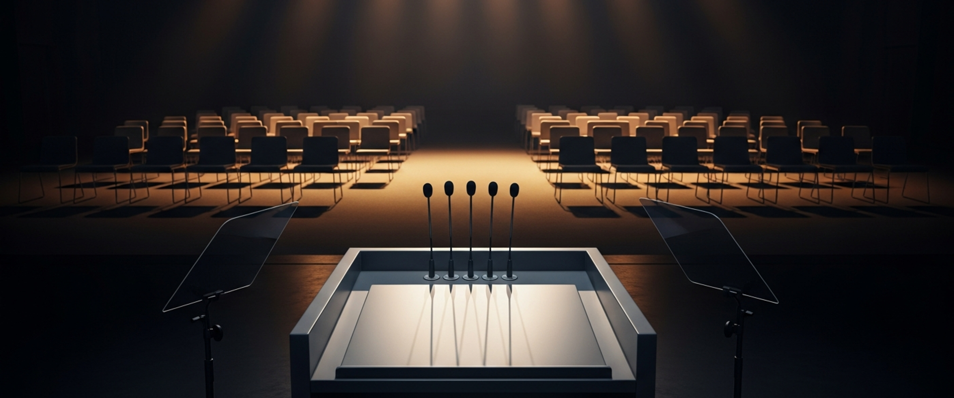 Press conference podium with microphones viewed from speaker perspective — understanding the difference between communications and PR agencies