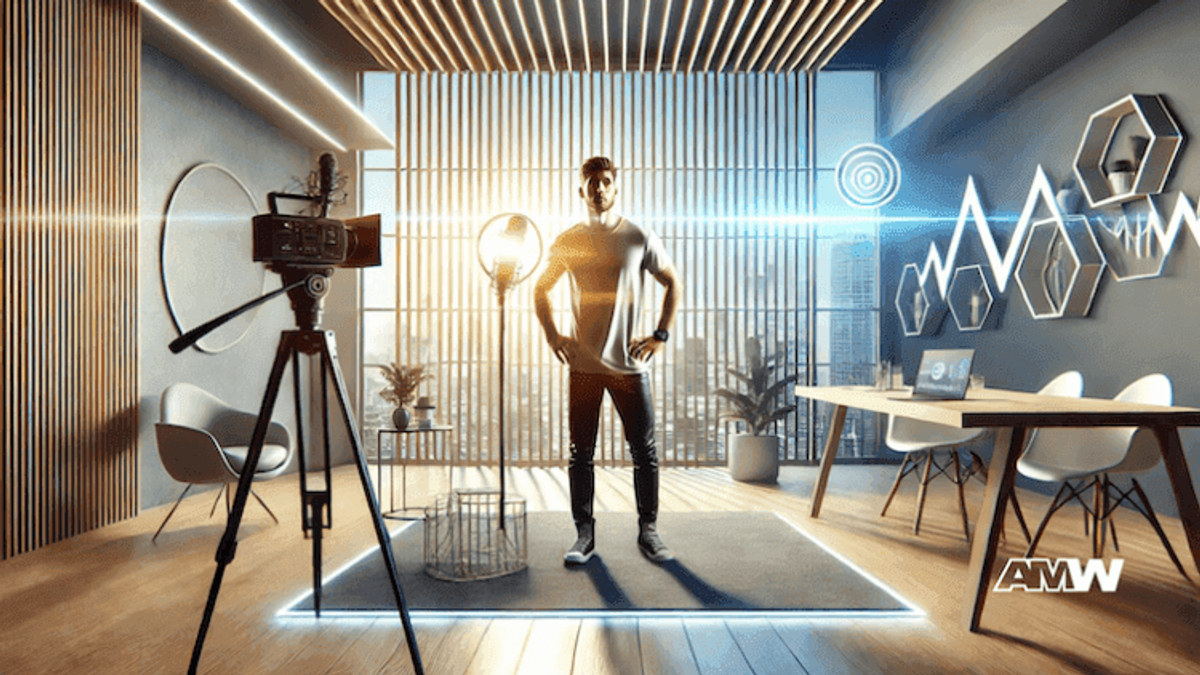 Man in modern office with video camera setup