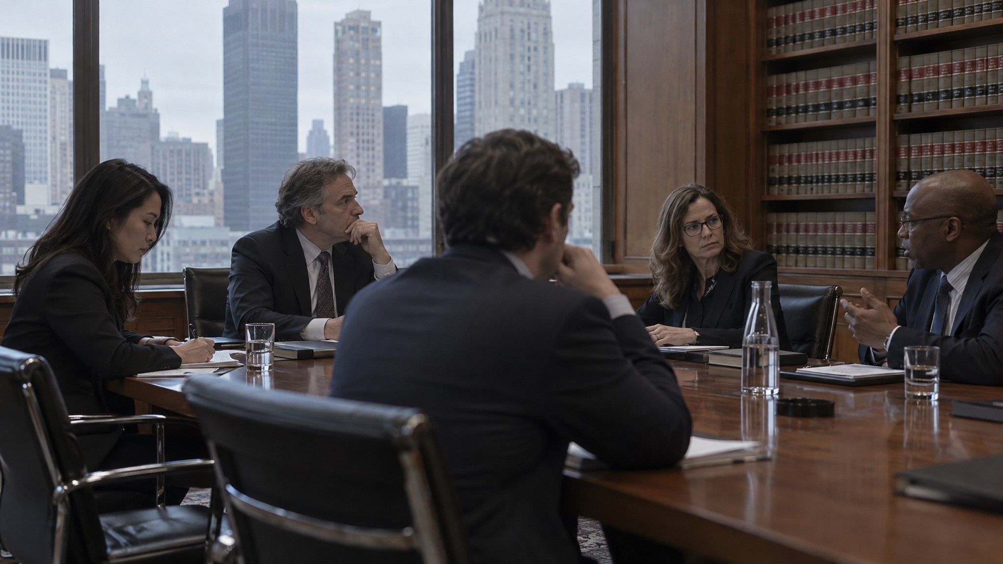 Law firm conference room with a long table and shelves of bound books