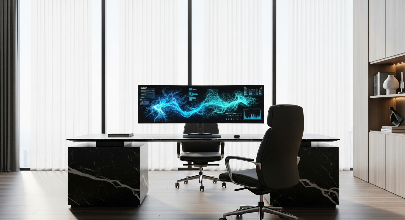 Executive workspace with analytics display representing Facebook ads management