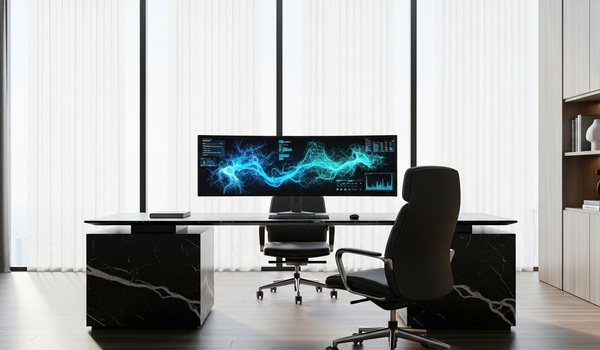 Executive workspace with analytics display representing Facebook ads management