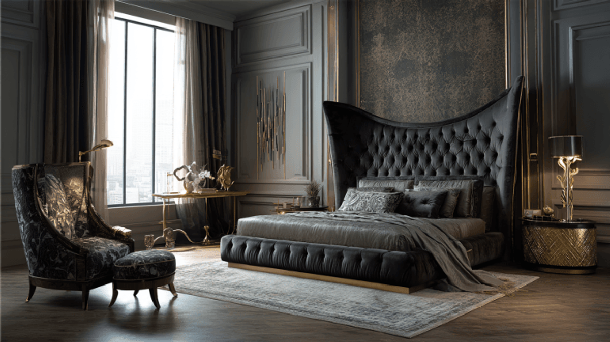 Luxurious bedroom with dark velvet bed and armchair.