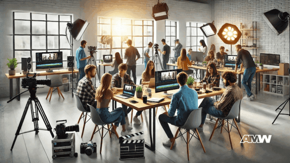 Creative team working in modern media studio.