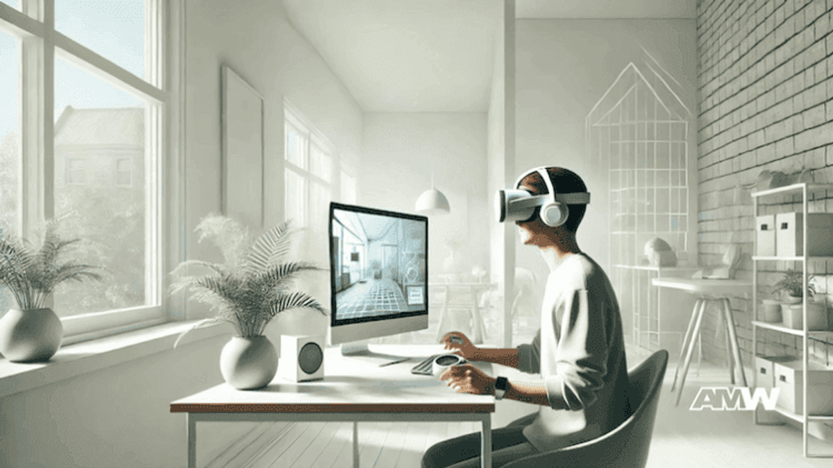 Person using VR headset at computer desk.