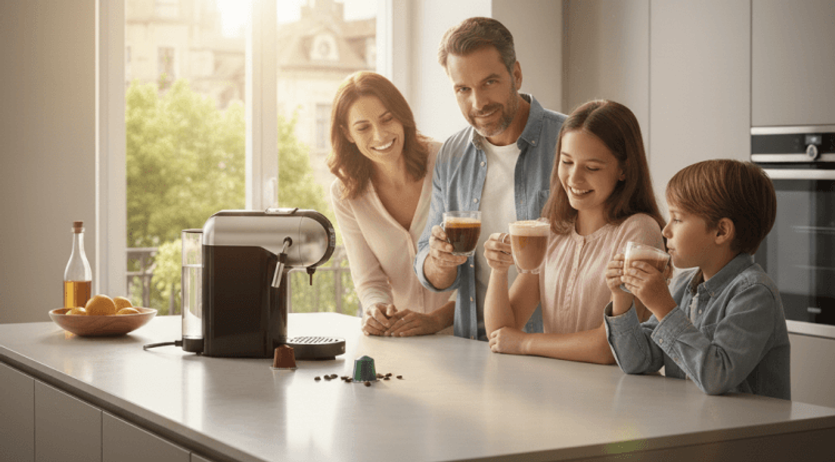 Family enjoying coffee near espresso machine in kitchen.