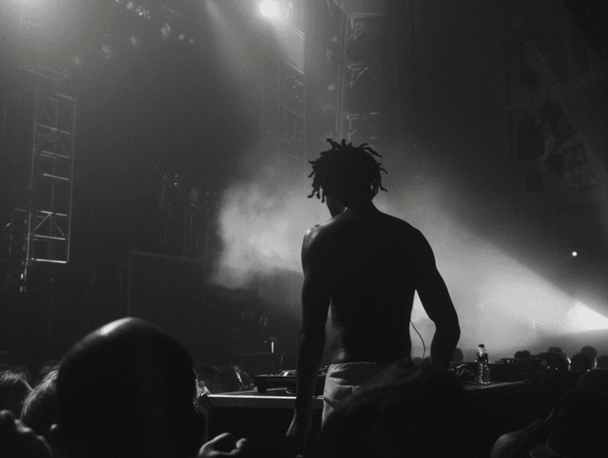 DJ performing at a concert, vibrant stage lights