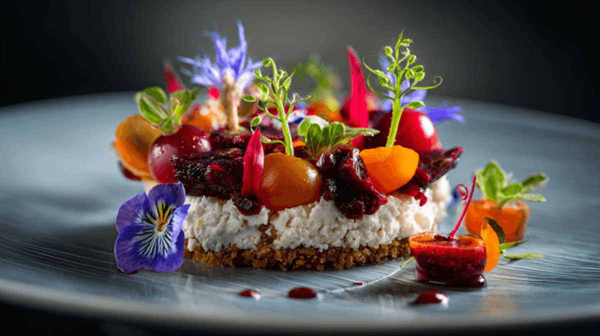 Gourmet dessert with colorful edible flowers.