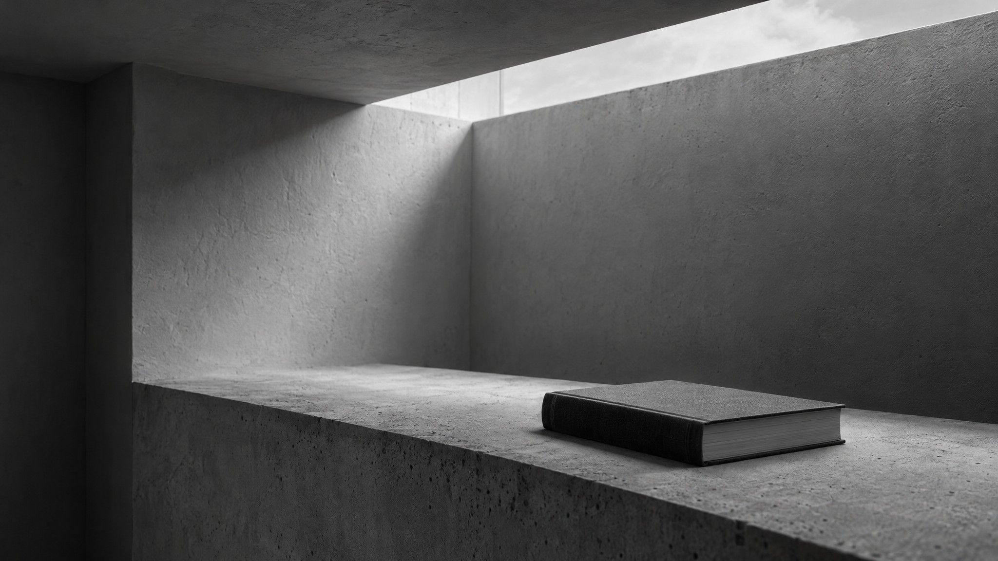 Closed book on a concrete ledge under a narrow skylight