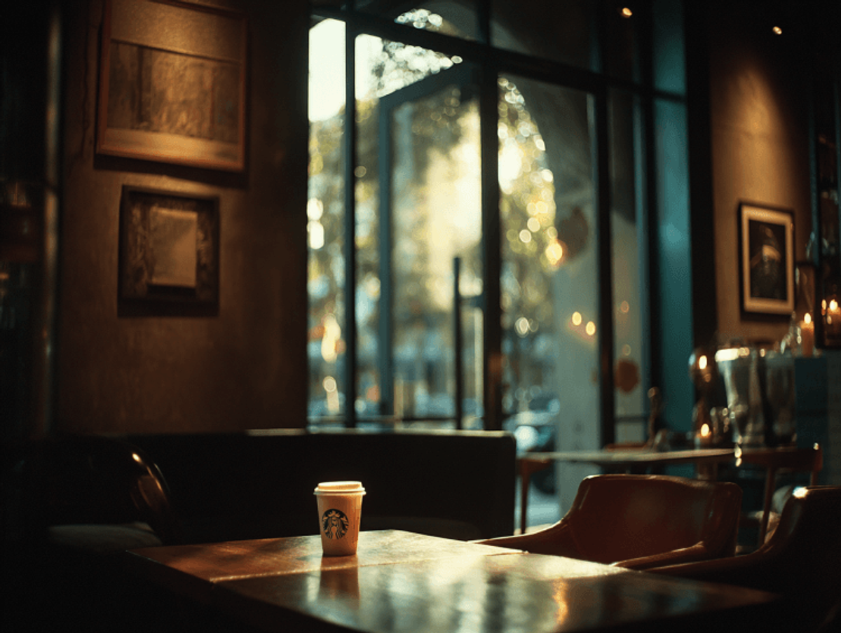 Cozy coffee shop interior with sunlight and table.