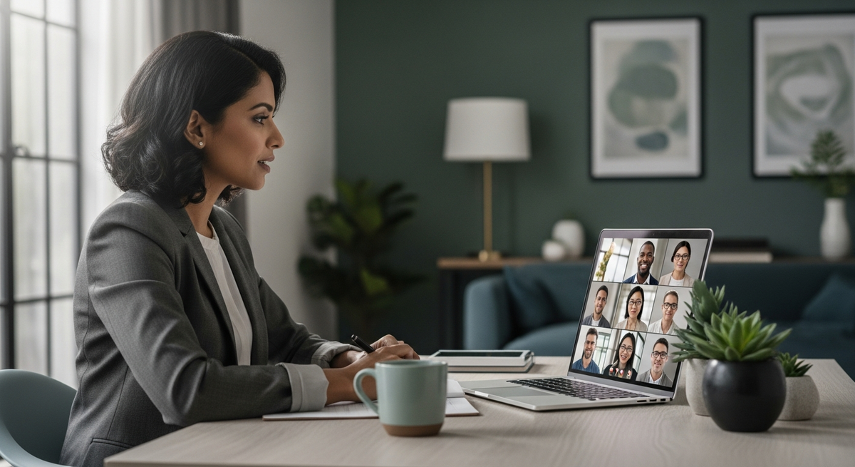 Hybrid marketing collaboration between in-house director and agency team via video conference