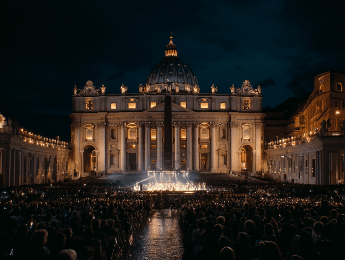 St. Peter's Basilica illuminated at night during event.