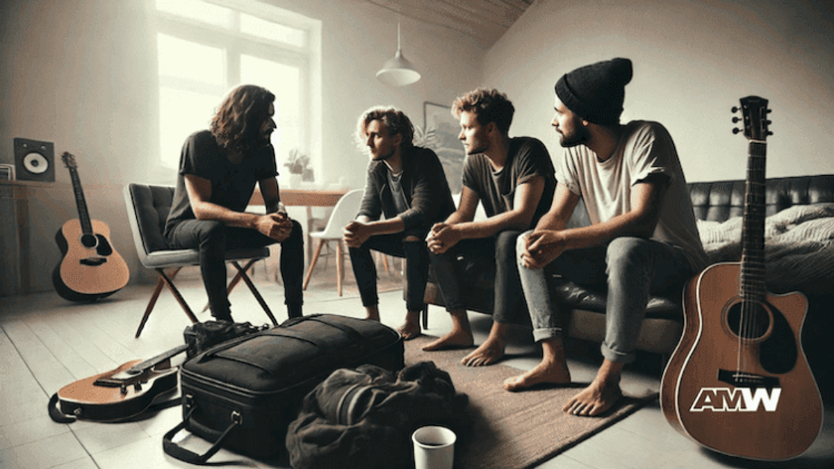 Band members sitting with guitars in living room